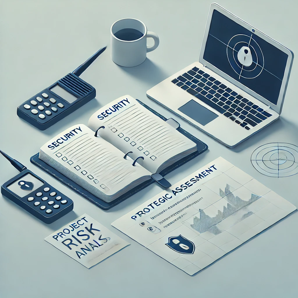 Projektschutz & Sicherheitsplanung – Strategische Risikoanalyse“. Die Szene zeigt eine minimalistische, gut organisierte Arbeitsumgebung mit einem offenen Notizbuch mit Sicherheitscheckliste, einem Laptop mit Risikobewertung und einer einfachen Karte mit markierten Sicherheitszonen. Ein Funkgerät symbolisiert die Koordination. Die klare und strukturierte Gestaltung macht die Sicherheitsplanung leicht verständlich.