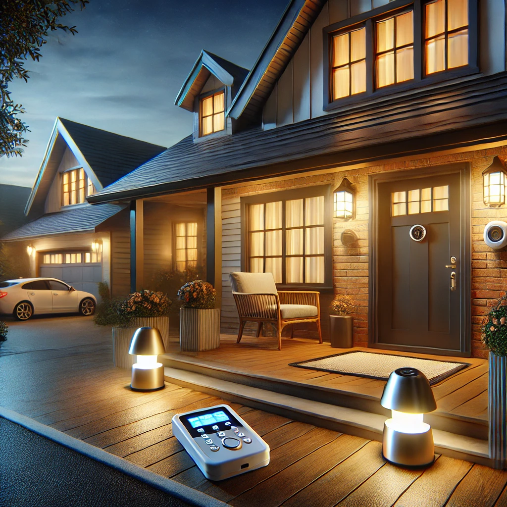 Es zeigt ein gut gesichertes, modernes Zuhause mit wesentlichen Schutzmaßnahmen wie einer verstärkten Tür mit Smart-Lock, einer Überwachungskamera, Bewegungsmeldern und einem Alarmanlagen-Schild. Die warme Beleuchtung sorgt für eine gemütliche, aber sichere Atmosphäre.