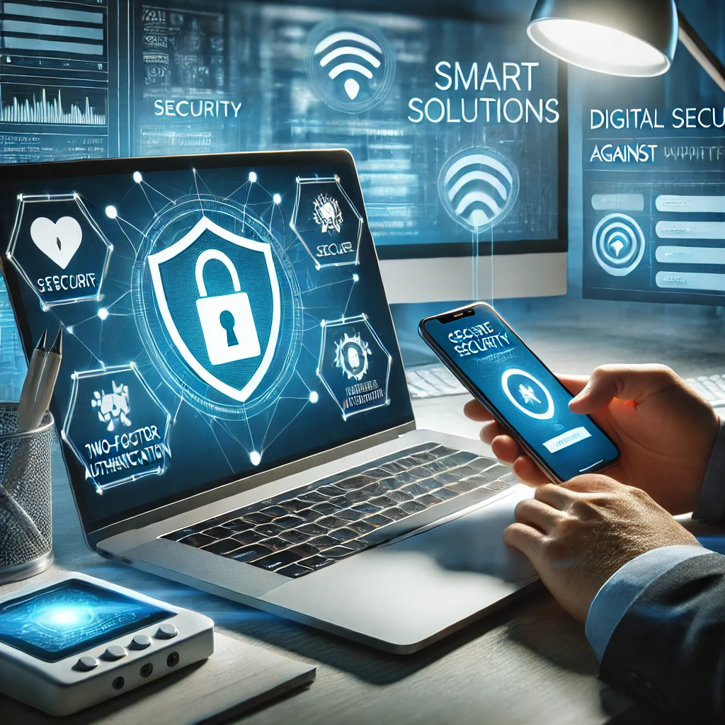 „Technische & digitale Sicherheit – Smarte Lösungen gegen Cyberangriffe“. Es zeigt eine moderne Arbeitsumgebung mit einem Laptop, der ein Cybersicherheits-Symbol anzeigt, eine Person nutzt die Zwei-Faktor-Authentifizierung auf ihrem Smartphone, während im Hintergrund ein sicherer WLAN-Router mit aktivem Firewall-Schutz und ein digitales Sicherheits-Dashboard auf einem Monitor zu sehen sind. Die kühle Blauton-Beleuchtung betont das Thema digitale Sicherheit.